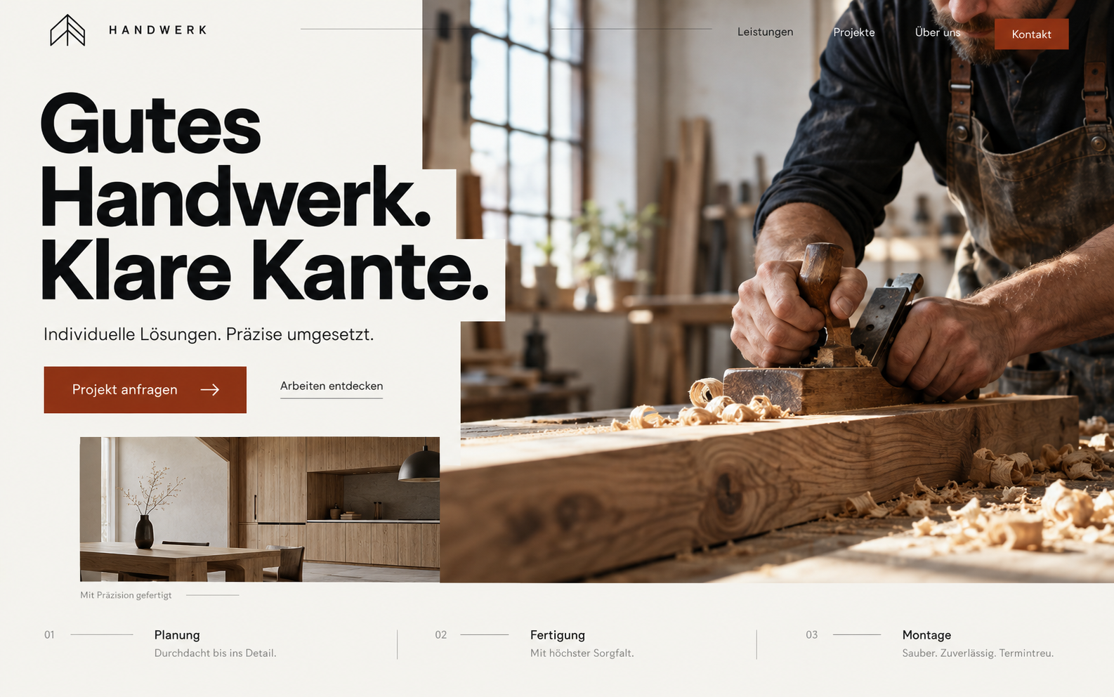Website-Entwurf für einen Handwerksbetrieb: Gutes Handwerk. Klare Kante. Mit Werkstattfoto und Projektanfrage.